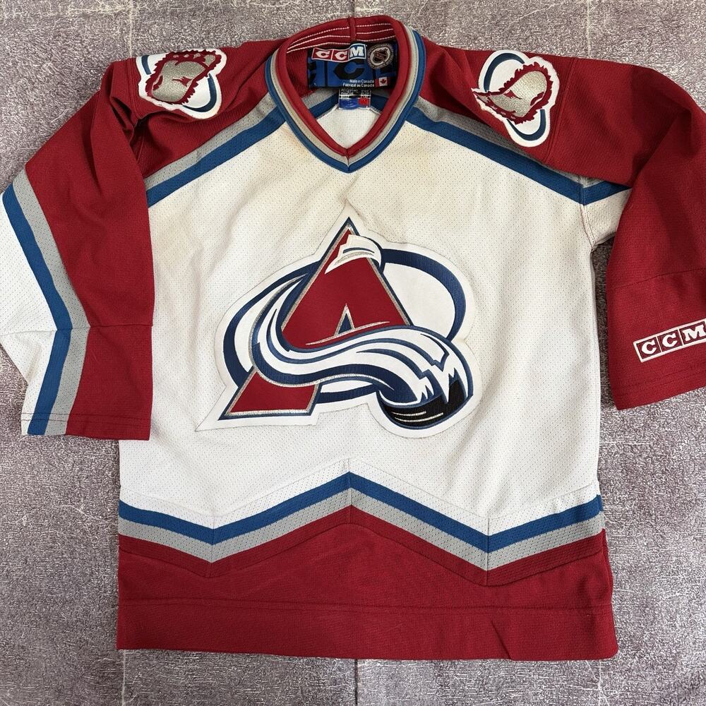 Men's Vintage 90's NHL CCM Colorado Avalanche White Maroon Blue Away Jersey Sz S